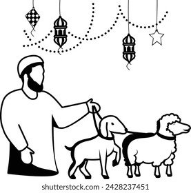 Muslim Village Person grazes vector design, Eid al-Azha Eid ul Kabir Symbol, Hajj Sign, Muslims religious Festival Stock illustration, Shepherd boy with baby goat and sheep concept