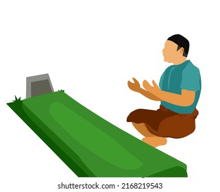 muslim visit and praying in front tomb at cemetry. islam ritual in grave concept in cartoon illustration vector