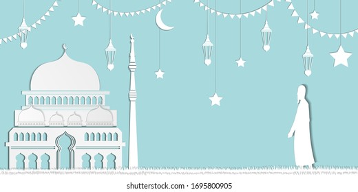 Muslim walking to mosque, ramadan or eid mubarak paper art