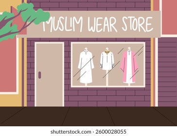 A Muslim wear store featuring elegant traditional clothing displayed in the storefront