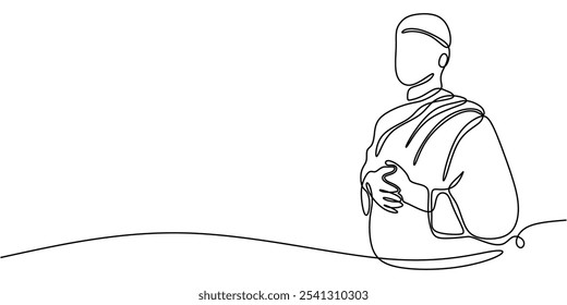 Muslim Wearing Ihram. Continuous One Line Drawing Illustrating Religion Concept in Minimalist Design.