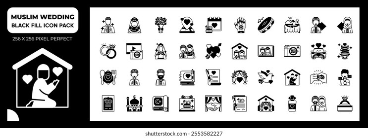 Muslim wedding Black Fill Icons Pack, Contain Such as Bride, Wedding Rings, Wedding Car and More