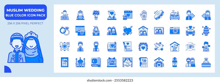 Muslim wedding Blue Icons Pack, Contain Such as Bride, Wedding Rings, Wedding Car and More