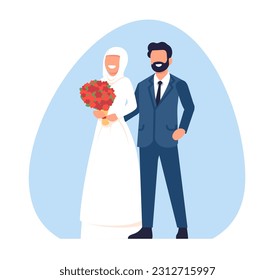 Muslim wedding couple. Happy bride and groom. Holiday dress and suit. Islamic marriage celebration. Arabic newlyweds. Wife and husband portrait. Married man and woman