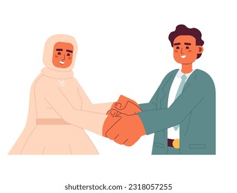 Muslim wedding couple holding hands semi flat colorful vector characters. Bridal hijab woman and bridegroom. Editable half body people on white. Simple cartoon spot illustration for web graphic design