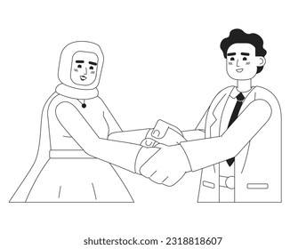 Muslim wedding couple holding hands monochromatic flat vector characters. Bridal hijab woman, bridegroom. Editable line half body people on white. Simple bw cartoon spot image for web graphic design