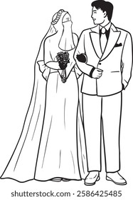 muslim wedding couple outfit line art