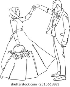 Muslim wedding couple vector outline. Continuous line illustration of the Bride with flowers and hijab in wedding dress and groom in suit. Design for wedding invitations, greeting cards, web designs.