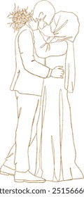 Muslim wedding couple vector outline in golden color. Continuous line of the Bride with flowers in hijab and bald groom hug each other. Design for wedding invitations, greeting cards, web designs.