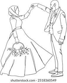 Muslim wedding couple vector outline. Continuous line illustration of the Bride with flowers and hijab in wedding dress and bald groom in suit. Design for wedding invitations, greeting cards, web.