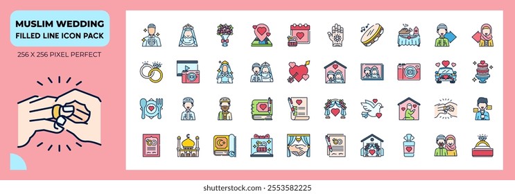 Muslim wedding Filled Line Icons Pack, Contain Such as Bride, Wedding Rings, Wedding Car and More