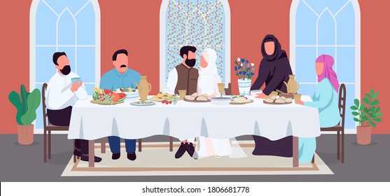 Muslim wedding flat color vector illustration. Groom and bride at festive table. Celebrate with indian relatives with meal. Marriage 2D cartoon characters with home interior on background