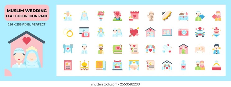 Muslim wedding Flat Icons Pack, Contain Such as Bride, Wedding Rings, Wedding Car and More