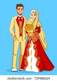 Muslim Wedding with Gold and Red Color, bride and groom.