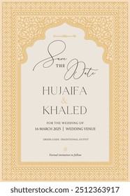 Muslim Wedding invitation card design with gold color patterns on an off-white background for vector printing. 