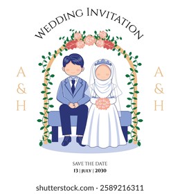 Muslim Wedding Invitation with Couple and Backdrop Illustration