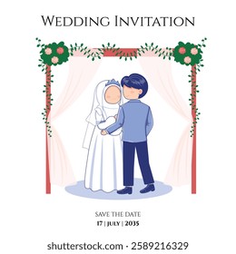 Muslim Wedding Invitation with Couple and Backdrop Illustration