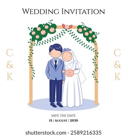 Muslim Wedding Invitation with Couple and Backdrop Illustration
