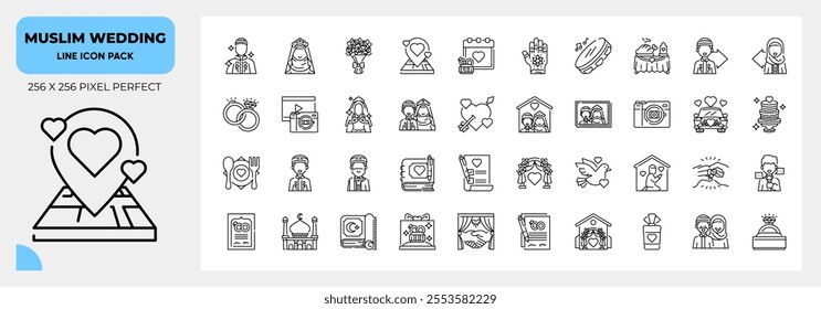 Muslim wedding Line Icons Pack, Contain Such as Bride, Wedding Rings, Wedding Car and More