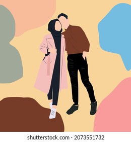 Muslim wife and husband Vector Cartoon Illustration.