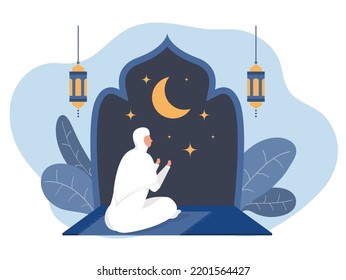 Muslim woamn praying in the Mosque at night,Arabian in traditional clothes for national religious holiday vector illustration.