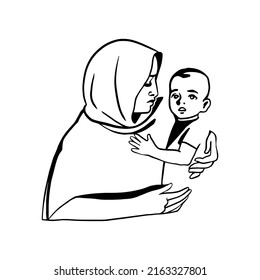 Muslim woman in abaya and child. Hand drawn mother with little boy. Sketching isolated illustration.