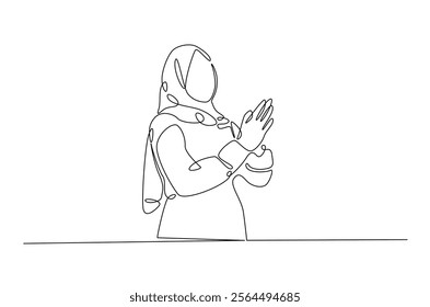 Muslim woman with apologize hand gesture in continuous one line drawing design. Arabian woman potrait single line illustration.