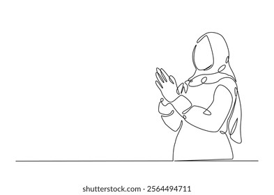 Muslim woman with apologize hand gesture in continuous one line drawing design. Arabian woman potrait single line illustration.