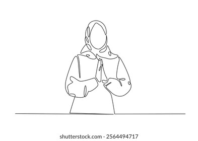 Muslim woman with apologize hand gesture in continuous one line drawing design. Arabian woman potrait single line illustration.