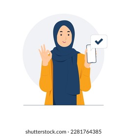 Muslim woman with approved gesture ok sign, standing and holding mobile smart phone, showing thumbs up concept illustration