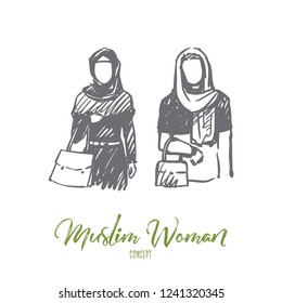Muslim woman, Arab, Islam, hijab concept. Hand drawn two muslim women on shopping concept sketch. Isolated vector illustration.