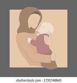 Muslim woman with a baby in her arms. Mother's Day, Women's Day. Vector illustration for design, greeting card.