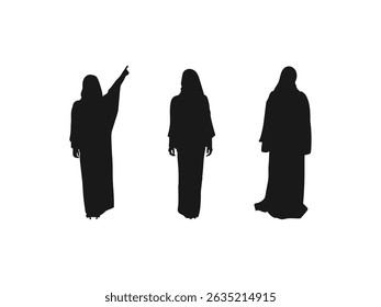 muslim woman back view silhouette. Silhouettes of Muslim women in traditional dress, representing diversity and peace. Vector isolated on a white background.