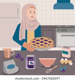 Muslim woman baking blackberry pie in the kitchen