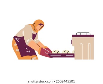 Una mujer musulmana horneando en la cocina, con un pañuelo en la cabeza y un delantal. Ella está colocando una bandeja de bolas de masa en un horno. Ilustración vectorial de cocina casera y horneado.