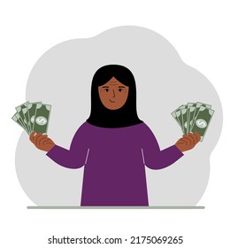 A muslim woman with banknotes in both hands. The concept of wealth. Vector flat illustration
