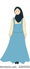 Muslim woman with black hijab and blue dress. Image of woman wearing hijab on white background
