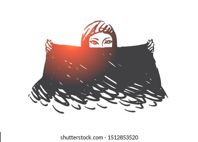 Muslim woman with black scarf concept sketch. Hand drawn isolated vector