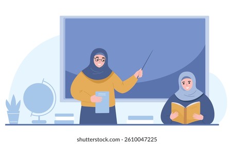 Muslim woman at the blackboard explains the lesson. Teacher in hijab with a student. Vector flat graphics.