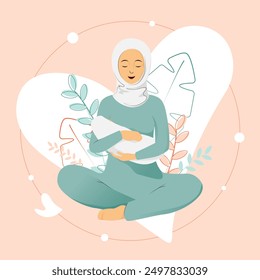 Muslim woman in blue hijab in lotus pose is holding a baby with tenderness on peach floral background