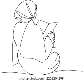 Muslim woman with a book linear drawing. The woman is praying.