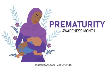 Muslim woman breastfeeds a baby. Prematurity awareness month is observed every year in November. Flat vector illustration. 