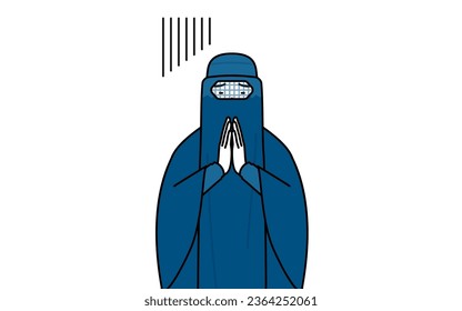 Muslim woman in burqa apologizing with her hands in front of her body, Vector Illustration