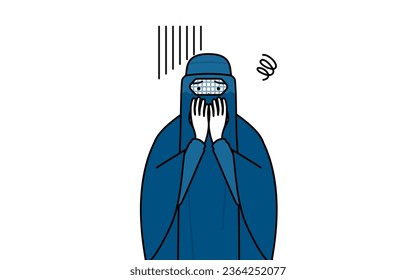 Muslim woman in burqa covering her mouth in depression, Vector Illustration