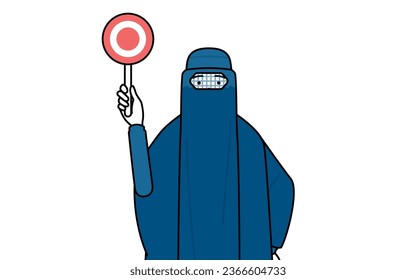 Muslim woman in burqa holding a maru placard that shows the correct answer, Vector Illustration