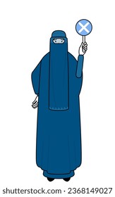 Muslim woman in burqa holding a placard with an X indicating incorrect answer, Vector Illustration
