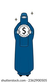 Muslim woman in burqa with images of foreign exchange gains and dollar appreciation, Vector Illustration