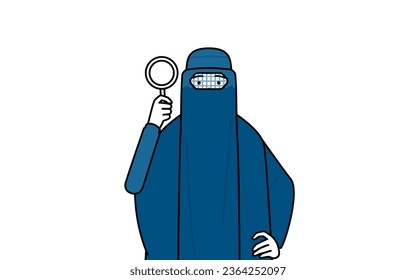 Muslim woman in burqa looking through magnifying glasses, Vector Illustration