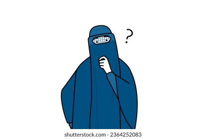 Muslim woman in burqa nodding her head in question, Vector Illustration