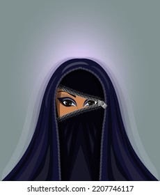 Muslim woman in burqa, opens zipper , background vector illustration